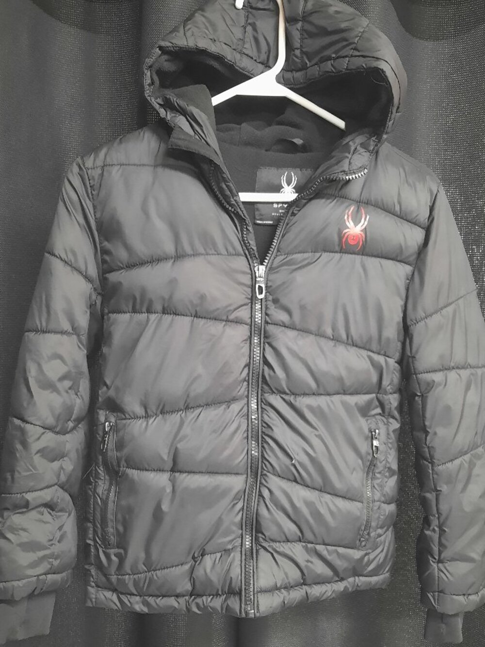 Spyder Boys Youth Small 8 Black Puffer Jacket Hooded Winter Coat Red Logo School